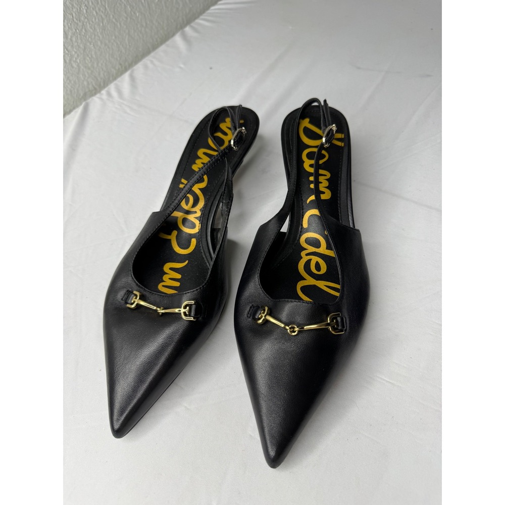 Sam Edelman Black Leather Slingback Kitten Heels Horsebit Pointed Toe 7.5W